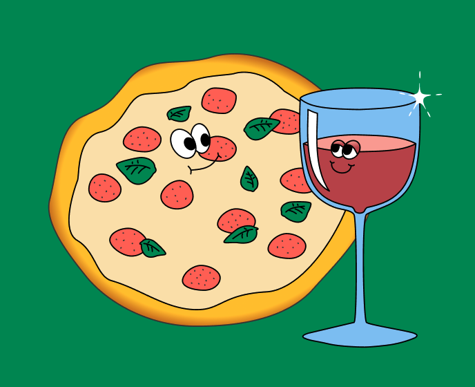 a pizza and a glass of red wine staring lovingly into each others eyes